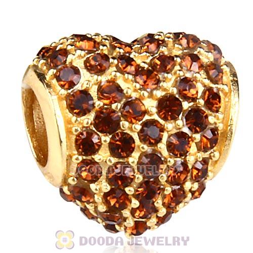 Gold Plated Sterling Pave Heart with Smoked Topaz Austrian Crystal Charm