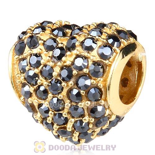 Gold Plated Sterling Pave Heart with Jet Hematite Austrian Crystal Charm