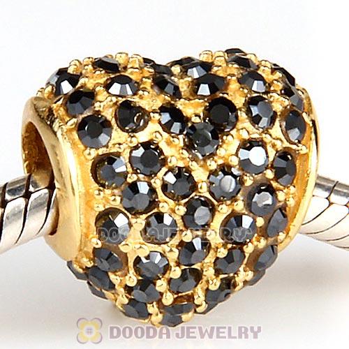 Gold Plated Sterling Pave Heart with Jet Hematite Austrian Crystal Charm