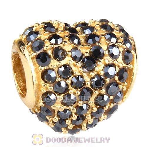 Gold Plated Sterling Pave Heart with Jet Hematite Austrian Crystal Charm