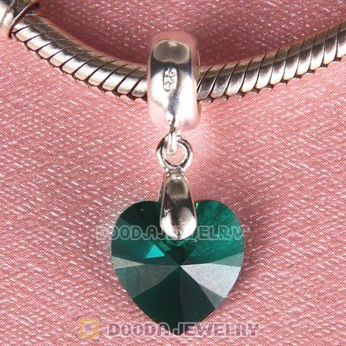 European Sterling Silver Dangle Emerald Heart Austrian Crystal Charm