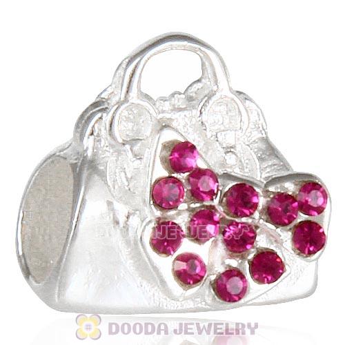 Sterling Silver Loves Shopping Bag Beads with Fuchsia Austrian Crystal