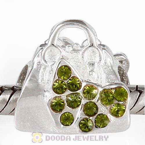 Sterling Silver Loves Shopping Bag Beads with Olivine Austrian Crystal