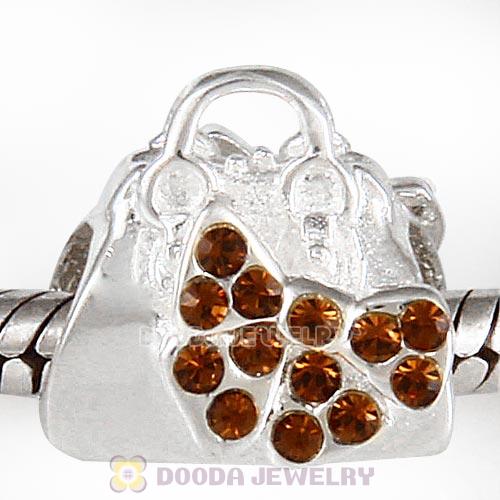 Sterling Silver Loves Shopping Bag Beads with Smoked Topaz Austrian Crystal