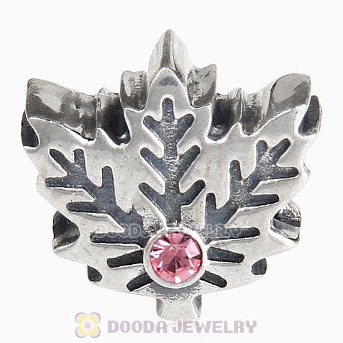 European Sterling Silver Maple Leaf Beads with Light Rose Austrian Crystal