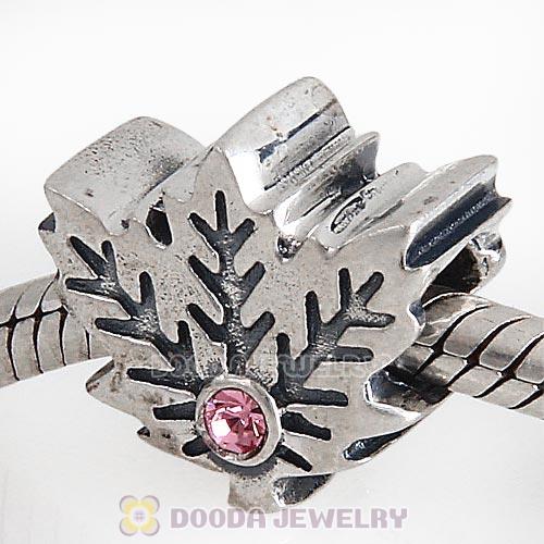 European Sterling Silver Maple Leaf Beads with Light Rose Austrian Crystal