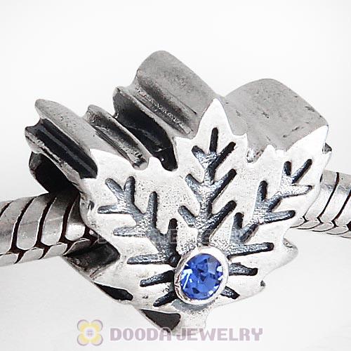 European Sterling Silver Maple Leaf Beads with Sapphire Austrian Crystal