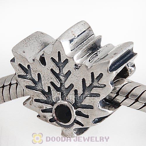 European Sterling Silver Maple Leaf Beads with Jet Austrian Crystal
