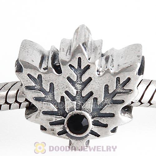 European Sterling Silver Maple Leaf Beads with Jet Austrian Crystal