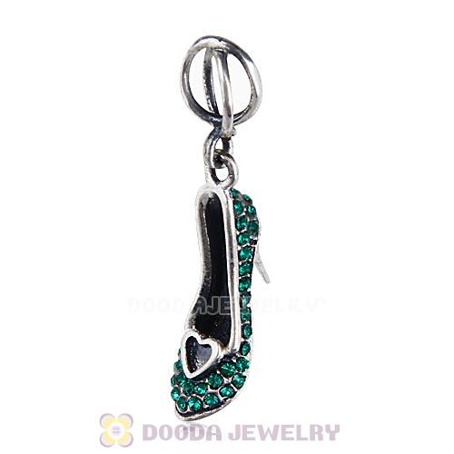 Sterling Silver Cinderella Slipper Dangle Beads with Emerald Austrian Crystal