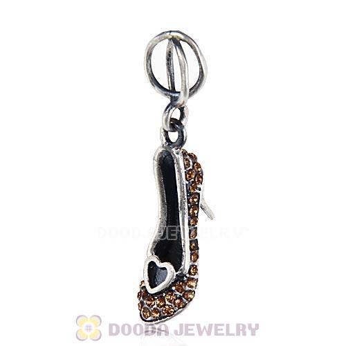 Sterling Silver Cinderella Slipper Dangle Beads with Smoked Topaz Austrian Crystal