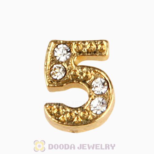 Gold Plated Alloy Number 5 with Crystal Floating Locket Charms Wholesale