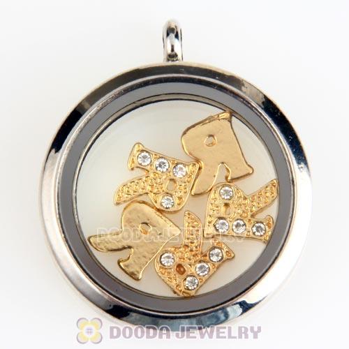 Gold Plated Alloy Letter R with Crystal Floating Locket Charms Wholesale