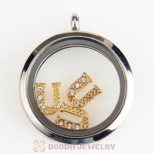 Gold Plated Alloy Letter U with Crystal Floating Locket Charms Wholesale