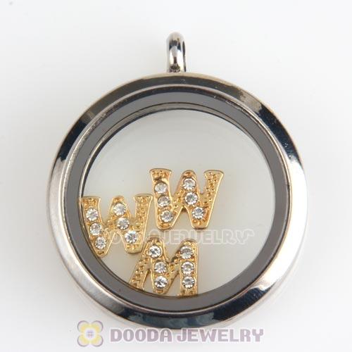 Gold Plated Alloy Letter W with Crystal Floating Locket Charms Wholesale