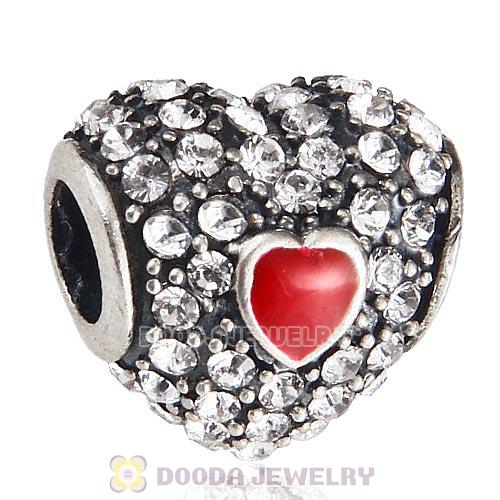 European Sterling Clear Pave Enamel Heart With Clear Austrian Crystal Charm