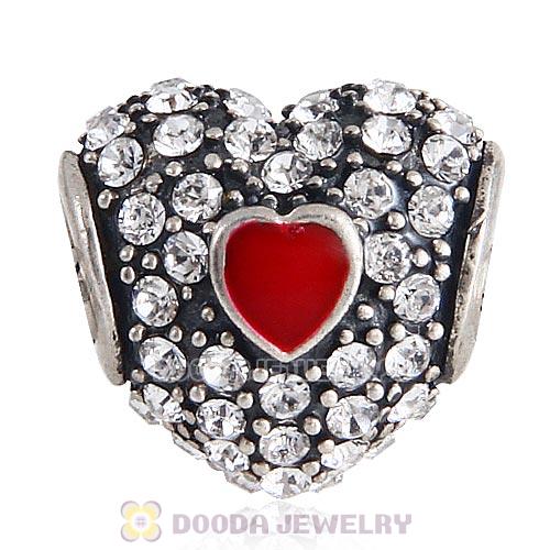 European Sterling Clear Pave Enamel Heart with Clear Austrian Crystal Charm