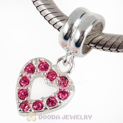 Sterling Silver Heart Dangle Charms with Rose Austrian Crystal