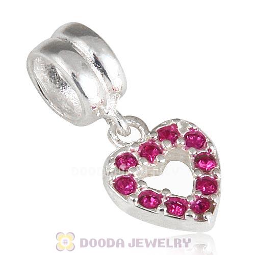 Sterling Silver Heart Dangle Charms with Fuchsia Austrian Crystal