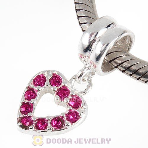 Sterling Silver Heart Dangle Charms with Fuchsia Austrian Crystal