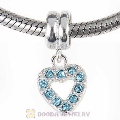 Sterling Silver Heart Dangle Charms with Aquamarine Austrian Crystal