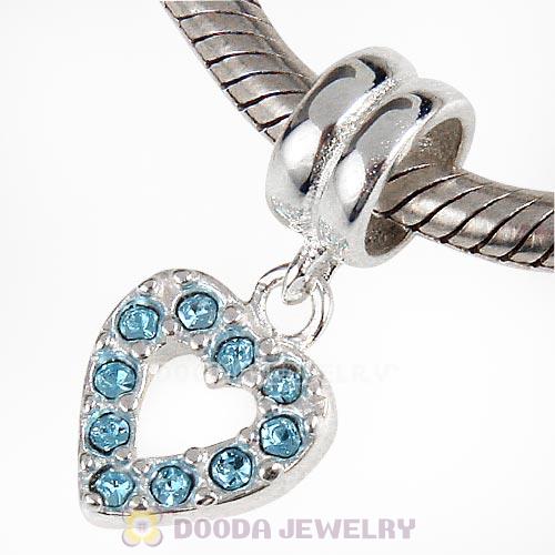 Sterling Silver Heart Dangle Charms with Aquamarine Austrian Crystal