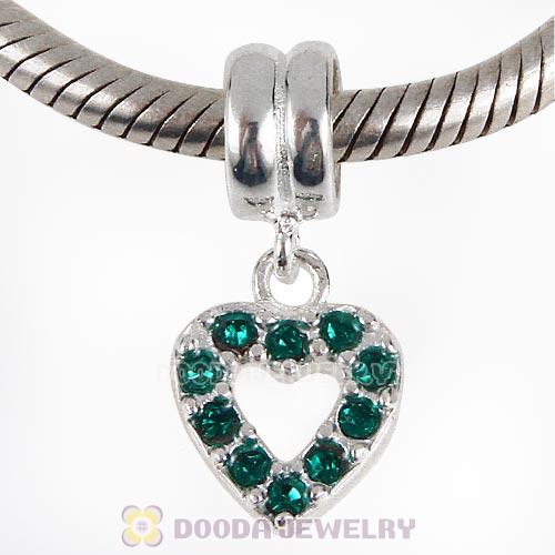 Sterling Silver Heart Dangle Charms with Emerald Austrian Crystal