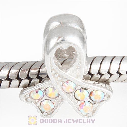 Sterling Silver Ribbon Lung Cancer Bead with Clear AB Austrian Crystal