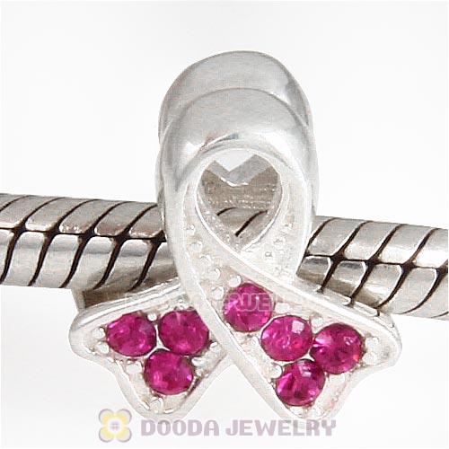 Sterling Silver Ribbon Lung Cancer Bead with Fuchsia Austrian Crystal