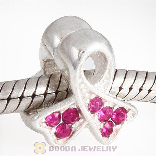 Sterling Silver Ribbon Lung Cancer Bead with Fuchsia Austrian Crystal