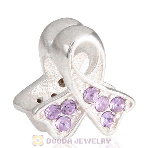 Sterling Silver Ribbon Lung Cancer Bead with Violet Austrian Crystal