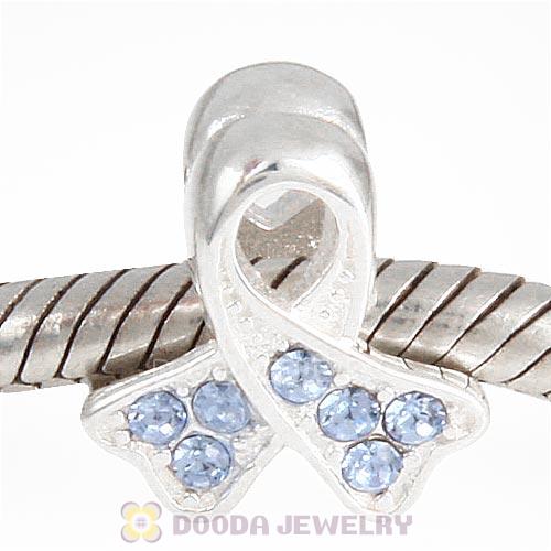 Sterling Silver Ribbon Lung Cancer Bead with Light Sapphire Austrian Crystal