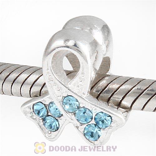 Sterling Silver Ribbon Lung Cancer Bead with Aquamarine Austrian Crystal