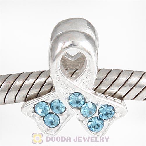 Sterling Silver Ribbon Lung Cancer Bead with Aquamarine Austrian Crystal