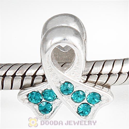 Sterling Silver Ribbon Lung Cancer Bead with Blue Zircon Austrian Crystal