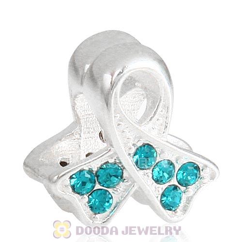 Sterling Silver Ribbon Lung Cancer Bead with Blue Zircon Austrian Crystal