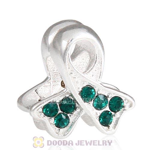 Sterling Silver Ribbon Lung Cancer Bead with Emerald Austrian Crystal