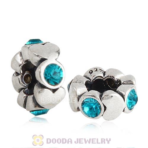 European Sterling Silver Heart Spacer Beads with Blue Zircon Austrian Crystal