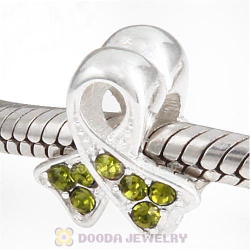 Sterling Silver Ribbon Lung Cancer Bead with Olivine Austrian Crystal