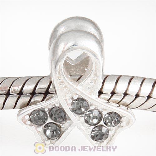 Sterling Silver Ribbon Lung Cancer Bead with Black Diamond Austrian Crystal