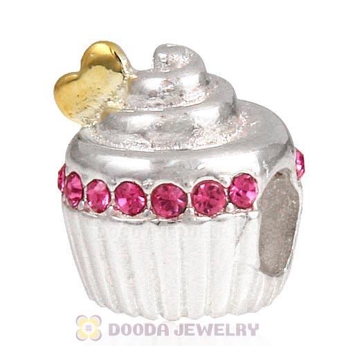 Sterling Silver Golden Heart Cupcake Bead with Rose Austrian Crystal