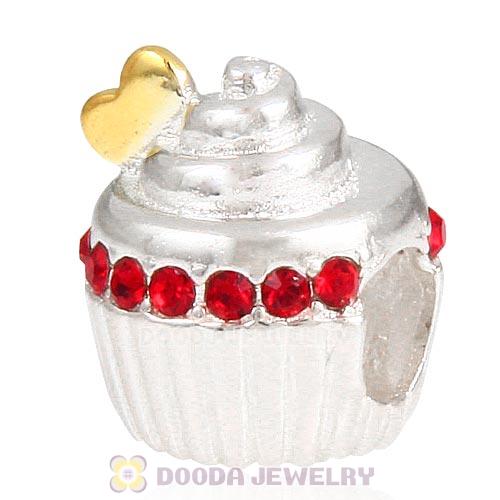 Sterling Silver Golden Heart Cupcake Bead with Light Siam Austrian Crystal