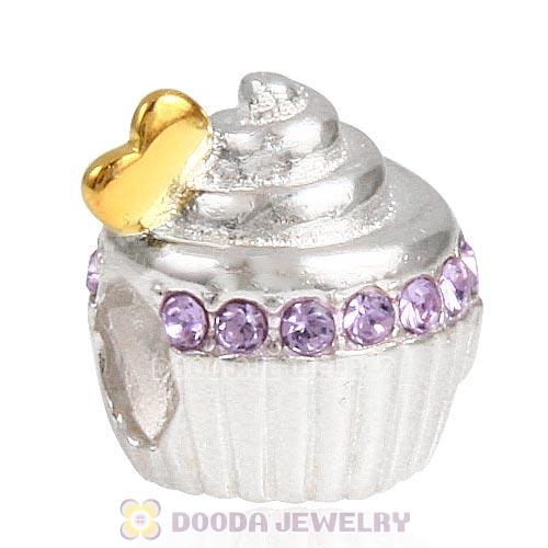 Sterling Silver Golden Heart Cupcake Bead with Violet Austrian Crystal