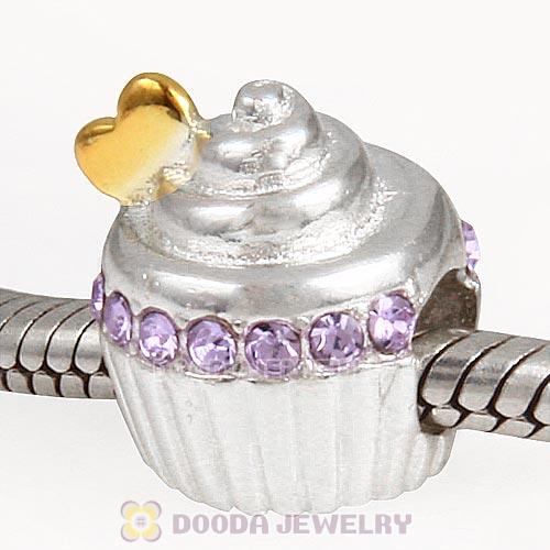 Sterling Silver Golden Heart Cupcake Bead with Violet Austrian Crystal