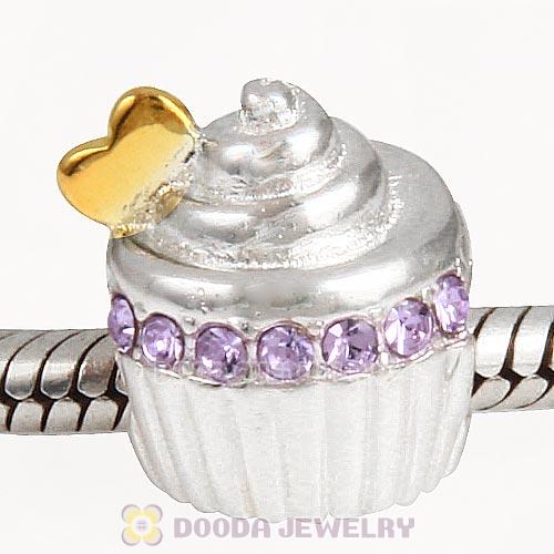 Sterling Silver Golden Heart Cupcake Bead with Violet Austrian Crystal