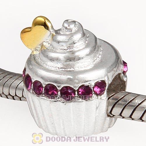 Sterling Silver Golden Heart Cupcake Bead with Amethyst Austrian Crystal