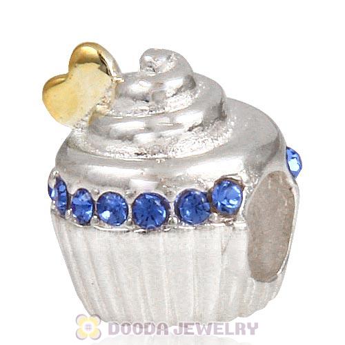 Sterling Silver Golden Heart Cupcake Bead with Sapphire Austrian Crystal