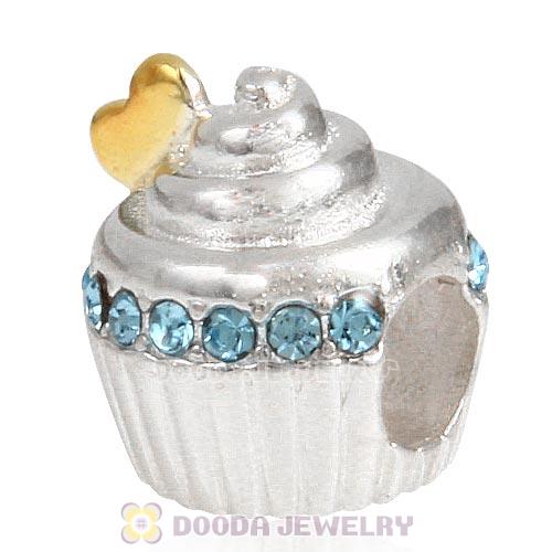Sterling Silver Golden Heart Cupcake Bead with Aquamarine Austrian Crystal