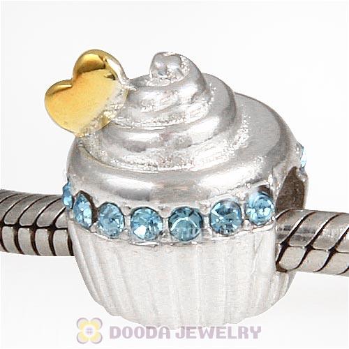 Sterling Silver Golden Heart Cupcake Bead with Aquamarine Austrian Crystal