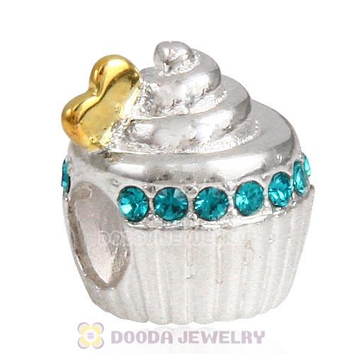 Sterling Silver Golden Heart Cupcake Bead with Blue Zircon Austrian Crystal